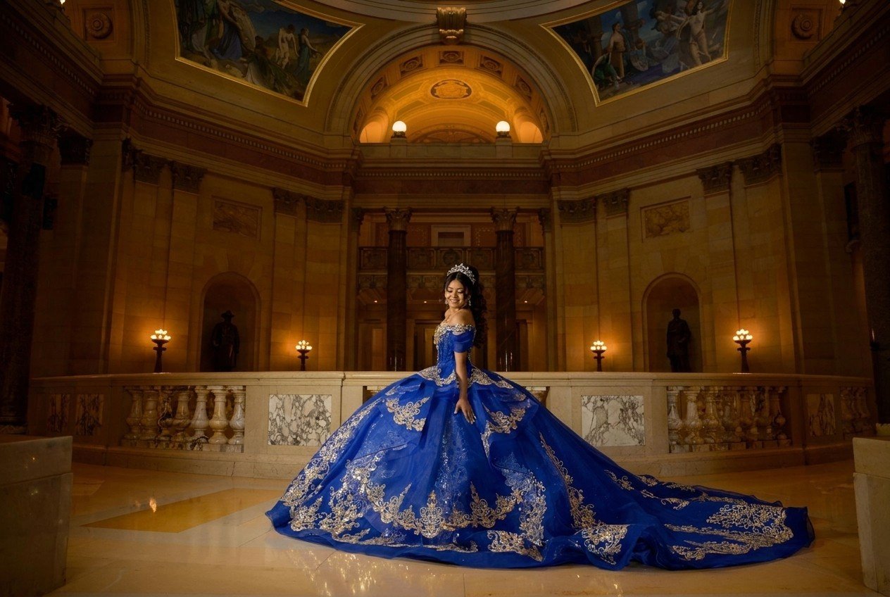 La quinceañera posando con su vestido azul en un salón con cúpula