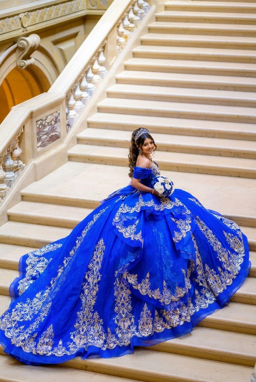 Quinceañera con vestido azul y bordado dorado sobre la escalinata de mármol